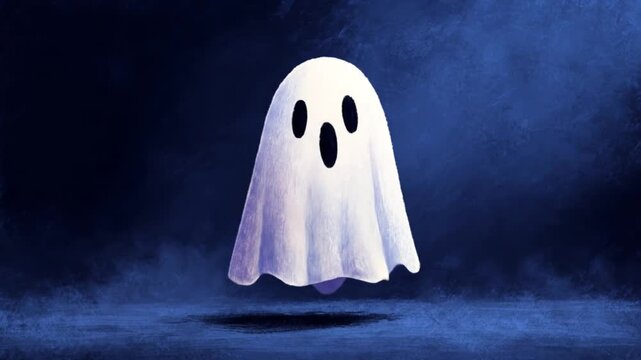 Cartoon ghost illustration with blue background and atmospheric effects