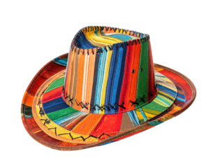 Colorful cowboy hat, vertically striped, vibrant, stitched detail, isolated, on black