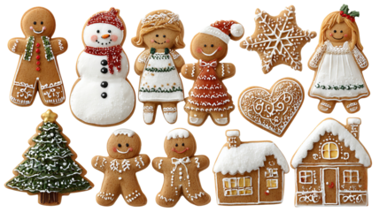Christmas gingerbread cookie figures set isolated on transparent background festive holiday biscuits with stars hearts trees and snowflakes png cutout clipart for cards posters packaging
