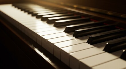 柔らかな温かい光が静かに差し込むピアノの鍵盤 クローズアップで捉えられた磨き上げられた白と黒のコントラストが美しい 奥行きのあるボケが情緒豊かな音楽の世界観を優雅に演出する. AI Generated