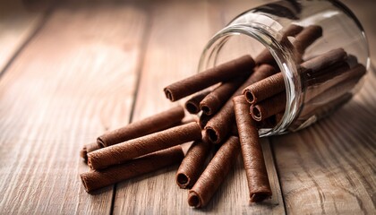 Chocolate Wafer Rolls Exquisite Chocolate Wafer Rolls Spilling From A Transparent Glass Jar Inviting Indulgence And Sweetness In This Culinary Still Life