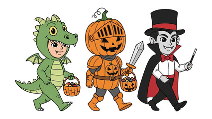 Enchanting Halloween Trio: A whimsical illustration depicts three trick-or-treaters in charming Halloween costumes, each ready for a night of spooky fun.