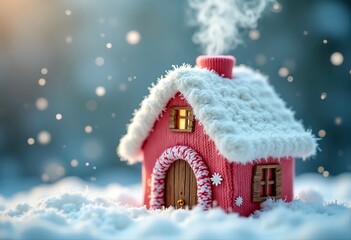Naklejka premium Cozy pink gingerbread-style house covered in snow with warm light glowing inside. Winter fantasy illustration 2026 perfect for Christmas cards, decor and holiday design.