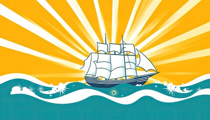 Cartoon ship sails on sunburst ocean