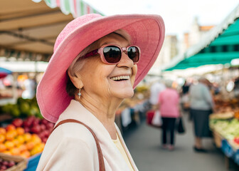Smiling elderly woman wears a pink hat and sunglasses. She is at a busy outdoor market with colorful fresh fruits displayed. She looks happy and enjoys her shopping day.