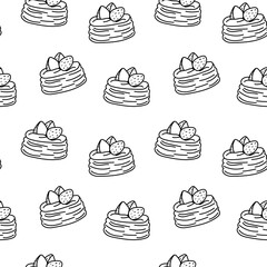 Seamless bakery pattern with cakes and strawberries outline