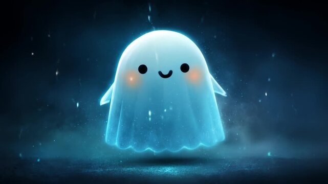 Animated cartoon ghost character with friendly expression on dark background
