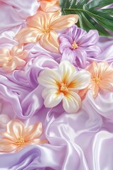 Fototapeta premium Silky fabric with pastel flowers & tropical leaf detail