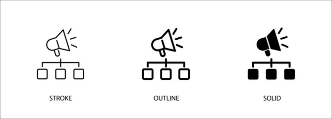 Speaker icon with connection point for advertising management, marketing system, media. Editable stroke vector icon, outline and solid. Eps10 file.