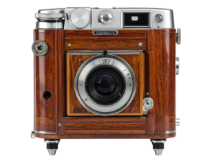 Vintage wooden and metal field camera, intricately crafted, front view, isolated