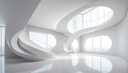 Modern futuristic interior with flowing white architecture and large windows