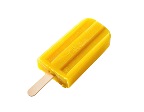 A bright yellow, rectangular frozen confection on a wooden stick, isolated on black