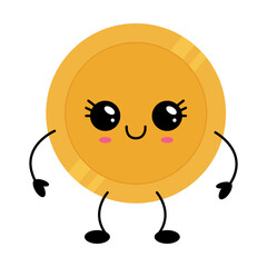 Cute gold coin kawaii character with happy face illustration