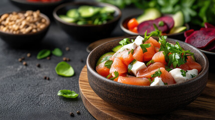 close-up of traditional swedish cold appetizers with pickled herring and creamy beetroot salad in rustic ceramic bowls on wooden table, authentic nordic holiday cuisine, copy space