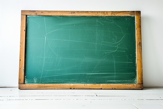 Empty classroom chalkboard with wooden frame, clean green board, bright natural light, minimal education background, white floor.