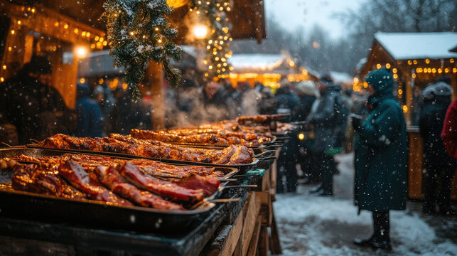 Lively Norwegian Christmas market with ribbe pork skewers grilling at an outdoor stall, steam and smoke rising as visitors enjoy festive lights, winter crowds and seasonal aromas