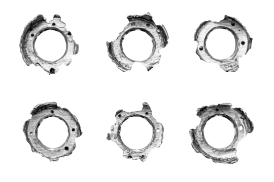 Antique bullet holes isolated on transparent background. Collection set of metal bullet holes isolated on white background.