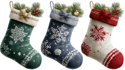 Christmas eve gift stockings png set green blue red socks isolated on transparent background winter holiday decoration with snowflake pattern high resolution cutout clipart for festive design
