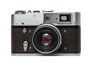 Classic silver and black analog camera with lens facing front