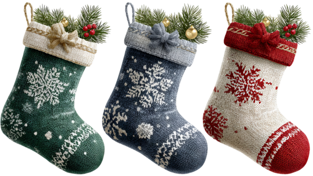 Christmas eve gift stockings png set green blue red socks isolated on transparent background winter holiday decoration with snowflake pattern high resolution cutout clipart for festive design