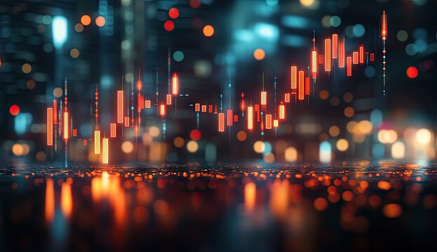Night city stock chart. Blurry city lights overlayed with financial data