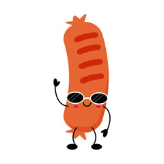 Funny sausage character in sunglasses with kawaii cartoon style