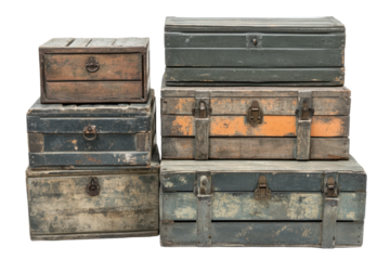 Collection of six vintage military ammunition boxes isolated on transparent background. Collection set of military storage crates isolated on white background.