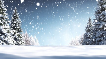 Christmas snowy forest landscape with falling snow, snow - covered trees under blue sky, copy space