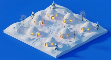 Charming Winter Igloo Village Scene Surrounded by Snow and Trees