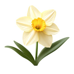 Fototapeta premium A single pale yellow daffodil flower with a bright yellow trumpet and green leaves isolated on transparent background