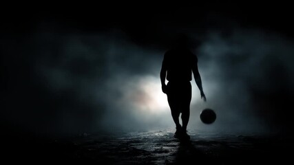 Silhouette of a basketball player dribbling with dramatic lighting - Powered by Adobe