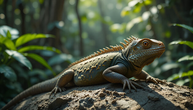 A lizard basking in the sun on a rock in a lush green forest setting