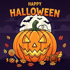 Halloween background with pumpkin, Happy Halloween! This image beautifully captures the spirit of the holiday with a classic jack-o'-lantern wearing a witch's hat, surrounded by bats and autumn leaves