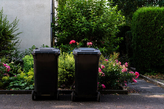 Two black trash bins stand on a path surrounded by vibrant flowers and greenery. The scene is set in a peaceful residential area, showcasing a blend of nature and daily life.
