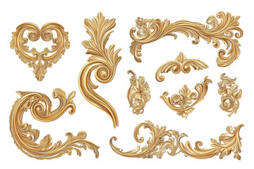 Collection of ornate gold decorative elements isolated on transparent background. Collection set of ornate golden corner decorations isolated on white background.