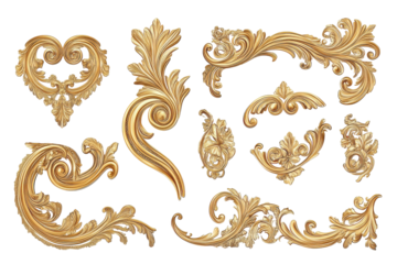 Collection of ornate gold decorative elements isolated on transparent background. Collection set of ornate golden corner decorations isolated on white background.