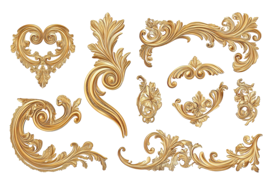 Collection of ornate gold decorative elements isolated on transparent background. Collection set of ornate golden corner decorations isolated on white background. - Powered by Adobe