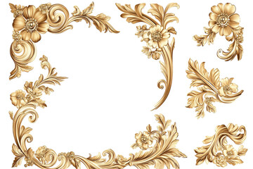 Ornate golden floral decorative elements isolated on transparent background. Collection set of ornate golden corner decorations isolated on white background.