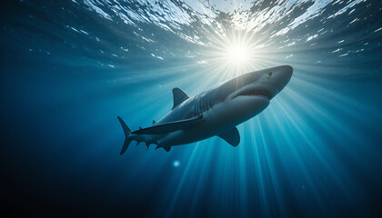Naklejka premium Great white shark swimming in the ocean with sun rays shining from above