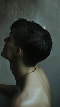 Bare-Chested Man Standing in Front of Grungy Wall