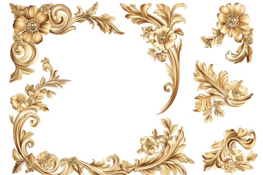Ornate golden floral decorative elements isolated on transparent background. Collection set of ornate golden corner decorations isolated on white background.