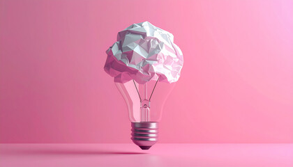 Инновационные идеи 3D-рендеринга плавающей лампочки из мятой бумаги на розовом фоне
3