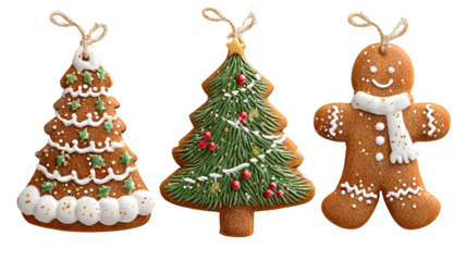 Festive christmas gingerbread cookies set with icing decorations png element isolated on white transparent background tree gingerbread man and mistletoe holiday dessert clipart for cards 