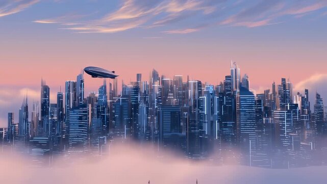 Futuristic cityscape animation with flying blimp over clouds at sunset scene