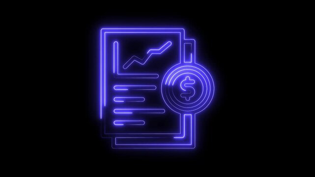 Glowing neon style financial report and dollar coin on black background business growth