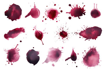Collection of red wine stains and splashes isolated on transparent background. Collection set of red wine stains isolated on white background.