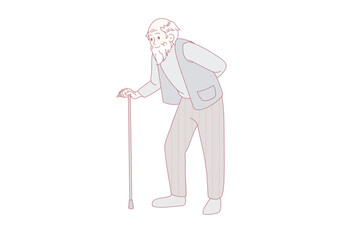 Hand drawn vector illustration of senior man with walking stick. Senior retirement. Walking old man. Vector illustration with abstract background