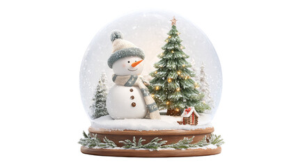 Snow globe with snowman and christmas tree in cozy cabin scene isolated high resolution glass dome winter holiday decoration festive clipart for cards invitations posters packaging and decor