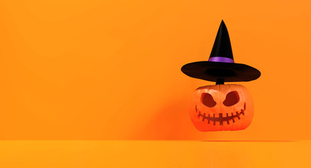 Fototapeta premium citrouille lanterne d'halloween avec un chapeau de sorcière - rendu 3D sur fond orange