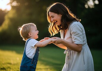 Fototapeta premium A Mother And Her Toddler Son Share A Joyful Moment Outdoors During Golden Hour, Laughing And Holding Hands In A Warm, Happy Scene.